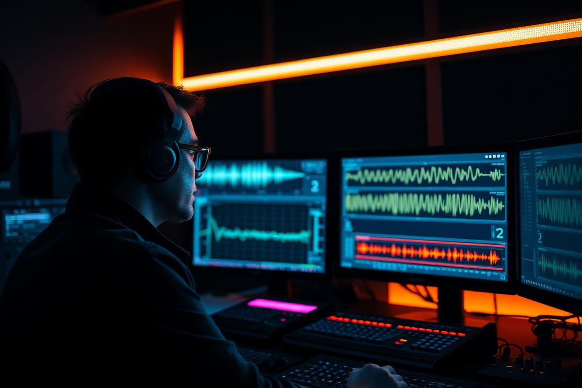 Audio QC engineer inspecting waveforms and spectrograms — Two-pass QA