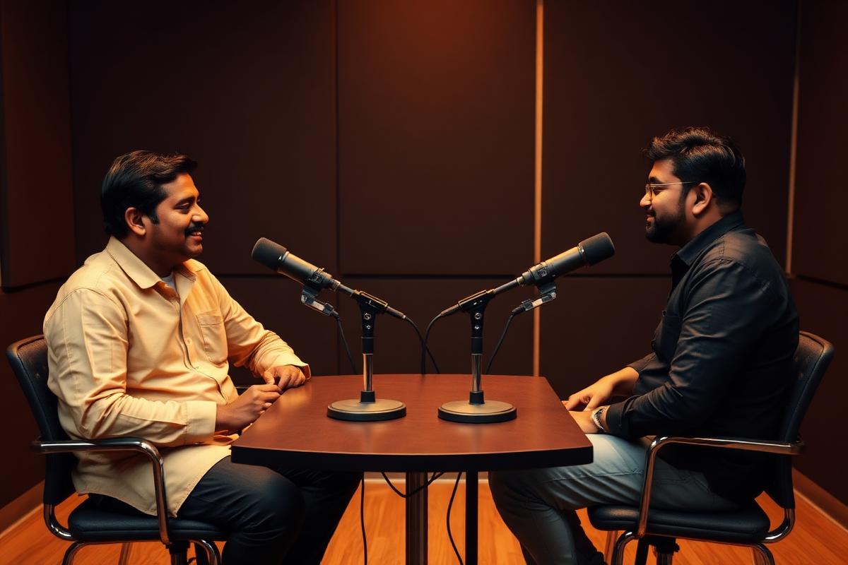 Two-speaker conversational recording session in a studio — Two-speaker conversation
